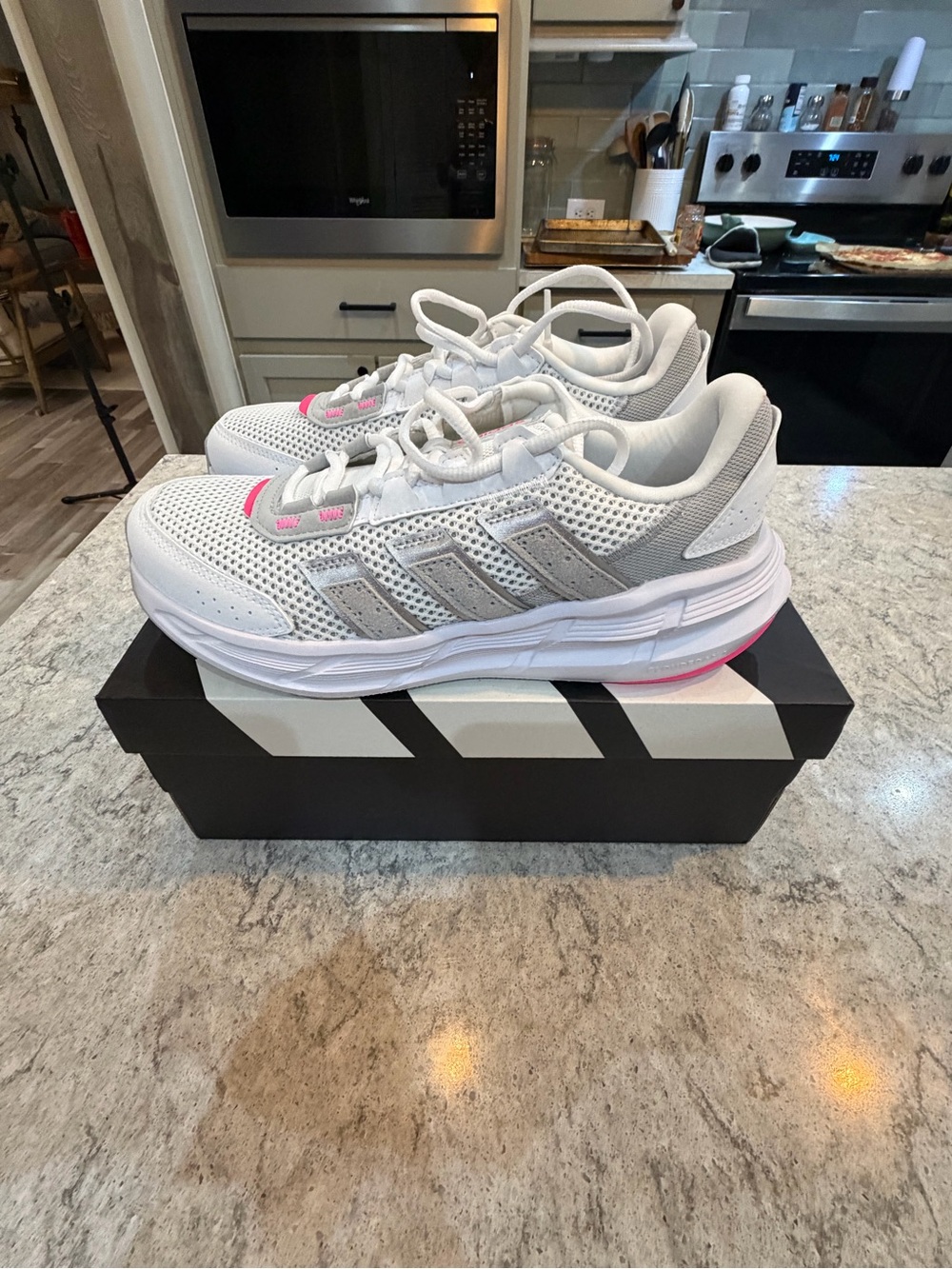 Women's White Adidas Astrastar Sneakers with Pink Accents - Picture 3 of 6